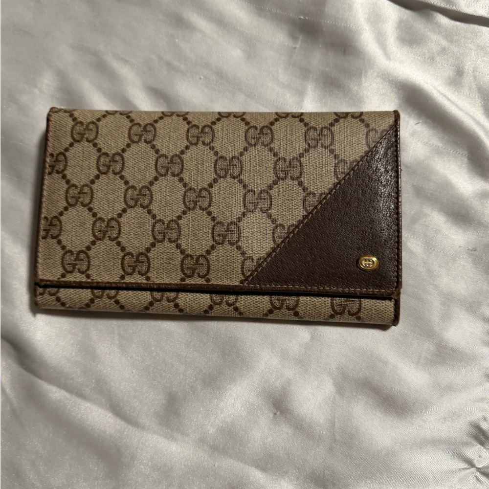 Gucci Beige Monogram Canvas Wallet with Brown Leather Accent